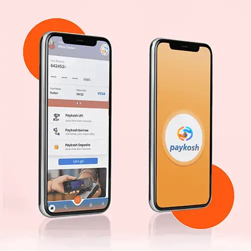 About paykosh - learn more about paykosh - paykosh mobile app - screens with paykosh logo and paykosh mobile app home page